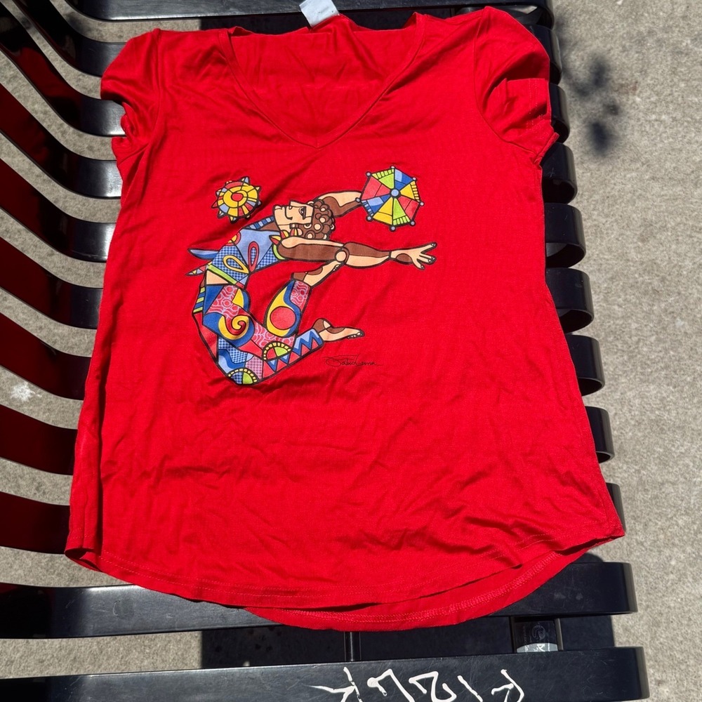 Malwee Fabio Luna Red Graphic V-Neck T-Shirt Women Size P Small Brazil Art Print